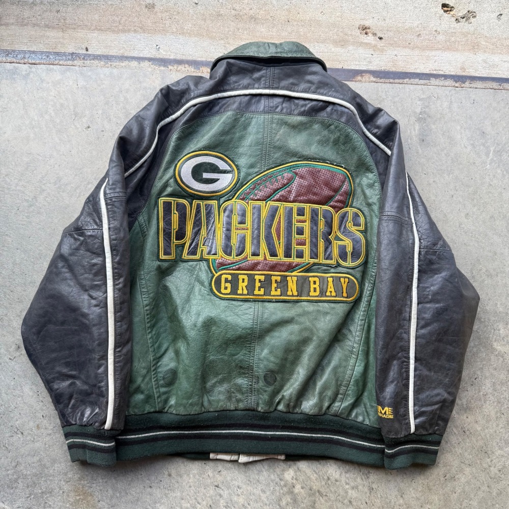 Vintage Mirage NFL Green Bay Packers Leather Varsity Jacket Green Black Mens M